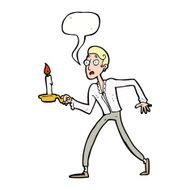 cartoon frightened man walking with candlestick speech bubb N8