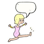 cartoon happy woman kicking with speech bubble N9