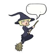 cartoon witch riding broomstick with speech bubble N18