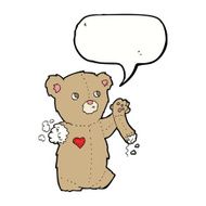 cartoon teddy bear with torn arm speech bubble