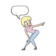 cartoon pretty woman pointing with speech bubble N36