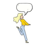 cartoon happy girl kicking out leg with speech bubble N8