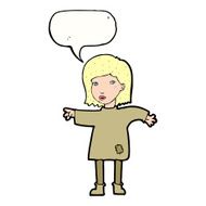 cartoon woman in patched clothing with speech bubble N9
