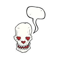 cartoon skull with love heart eyes speech bubble