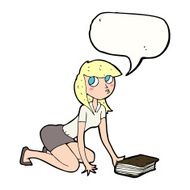 cartoon girl picking up book with speech bubble N9