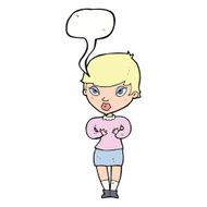 cartoon woman gesturing at self with speech bubble N27