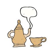 cartoon coffee pot and cup with speech bubble