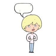 cartoon woman making Who Me? gesture with speech bubble N41