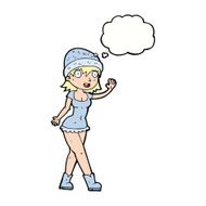 cartoon pretty girl in hat waving with thought bubble N9