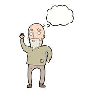 cartoon old man waving with thought bubble