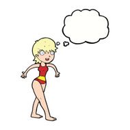 cartoon happy woman in swimming costume with thought bubble N9