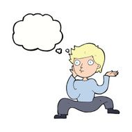 cartoon boy doing crazy dance with thought bubble N8
