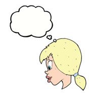 cartoon pretty female face with thought bubble N80