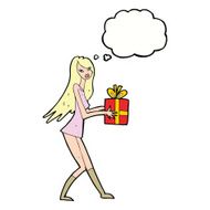 cartoon fashion girl with present thought bubble N8