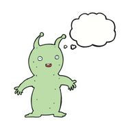 cartoon happy little alien with thought bubble N8