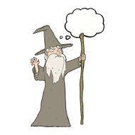 cartoon old wizard with thought bubble N8