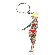 cartoon bikini girl covered in tattoos with thought bubble N9