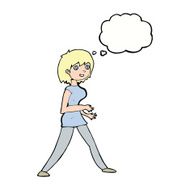cartoon woman walking with thought bubble N8