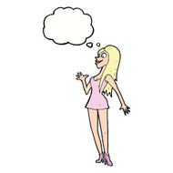 cartoon woman in pink dress with thought bubble N9