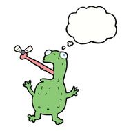 cartoon frog catching fly with thought bubble N9