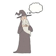cartoon old wizard with thought bubble N9