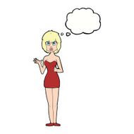 cartoon confused woman in cocktail dress with thought bubble N7