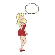 cartoon pretty woman in cocktail dress with thought bubble N9