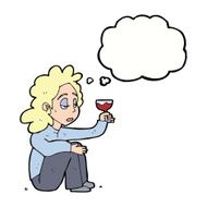 cartoon unhappy woman with glass of wine thought bubble N9
