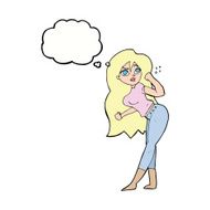 cartoon woman raising fist with thought bubble N9