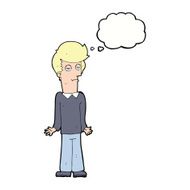 cartoon bored man shrugging shoulders with thought bubble N9