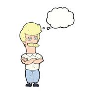 cartoon mustache muscle man with thought bubble N8