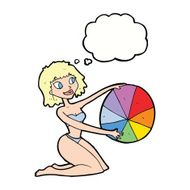 cartoon bikini girl with beach ball thought bubble N8