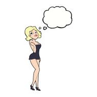 cartoon attractive woman in short dress with thought bubble N8