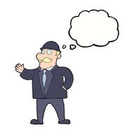 cartoon sensible business man in bowler hat with thought bubble N9