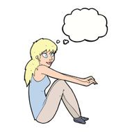 cartoon happy woman sitting with thought bubble N16