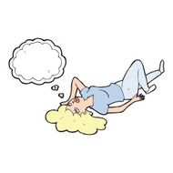 cartoon woman lying on floor with thought bubble N16