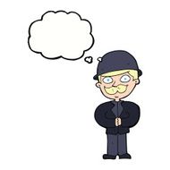 cartoon man in bowler hat with thought bubble