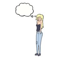 cartoon pretty woman shrugging shoulders with thought bubble N9