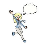 cartoon woman waving dressed for winter with thought bubble N9