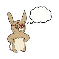cartoon rabbit wearing spectacles with thought bubble N9