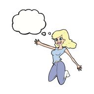 cartoon jumping woman with thought bubble N9