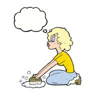 cartoon woman scrubbing floor with thought bubble N7
