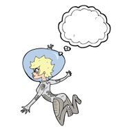 cartoon space woman with thought bubble N25