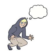 cartoon mischievous boy in hooded top with thought bubble N7