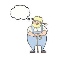 cartoon farmer leaning on walking stick with thought bubble N5