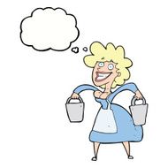 cartoon milkmaid carrying buckets with thought bubble N9