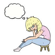 cartoon woman sitting on small stool with thought bubble N9