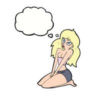 cartoon woman in skimpy clothing with thought bubble N9