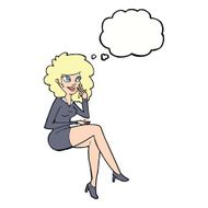 cartoon office woman sitting with thought bubble N9