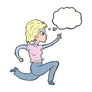 cartoon woman running and pointing with thought bubble N8